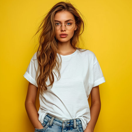 Young smiling woman standing with hands in pockets, wearing blank white tshirt with copy space, isolated on yellow backgroundの素材