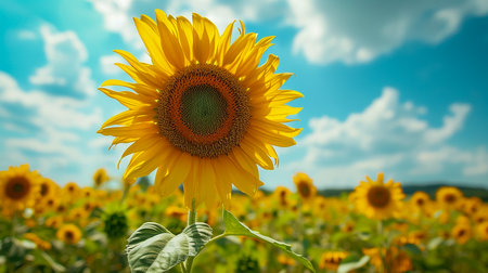 Close-up of a sunflower growing in a field of sunflowers during a nice sunny summer day with some clouds. Helianthusの素材