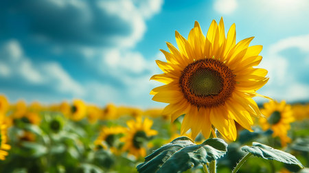 Close-up of a sunflower growing in a field of sunflowers during a nice sunny summer day with some clouds. Helianthusの素材
