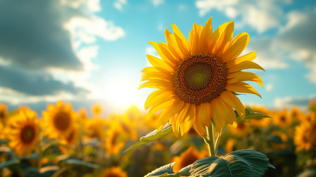Close-up of a sunflower growing in a field of sunflowers during a nice sunny summer day with some clouds. Helianthusの素材