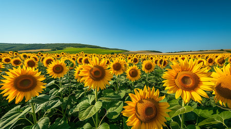 Close-up of a sunflower growing in a field of sunflowers during a nice sunny summer day with some clouds. Helianthusの素材