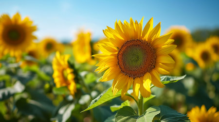 Close-up of a sunflower growing in a field of sunflowers during a nice sunny summer day with some clouds. Helianthusの素材