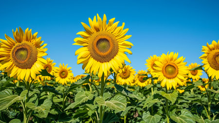 Close-up of a sunflower growing in a field of sunflowers during a nice sunny summer day with some clouds. Helianthusの素材