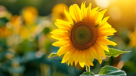 Beautiful field of blooming sunflowers against blurry sunset golden lightの素材