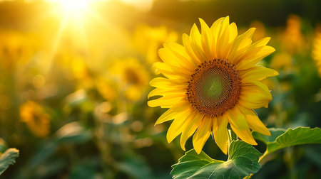 Beautiful field of blooming sunflowers against blurry sunset golden lightの素材