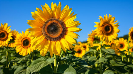Close-up of a sunflower growing in a field of sunflowers during a nice sunny summer day with some clouds. Helianthusの素材