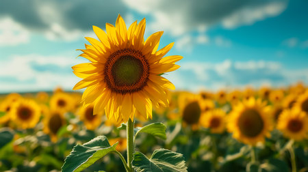 Close-up of a sunflower growing in a field of sunflowers during a nice sunny summer day with some clouds. Helianthusの素材
