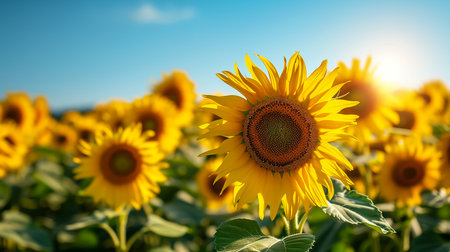 Close-up of a sunflower growing in a field of sunflowers during a nice sunny summer day with some clouds. Helianthusの素材