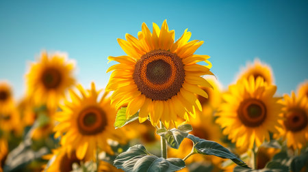 Close-up of a sunflower growing in a field of sunflowers during a nice sunny summer day with some clouds. Helianthusの素材