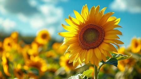 Beautiful field of blooming sunflowers against blurry sunset golden lightの素材
