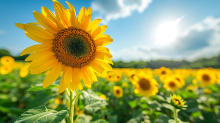 Beautiful field of blooming sunflowers against blurry sunset golden lightの素材