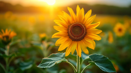 Beautiful field of blooming sunflowers against blurry sunset golden lightの素材
