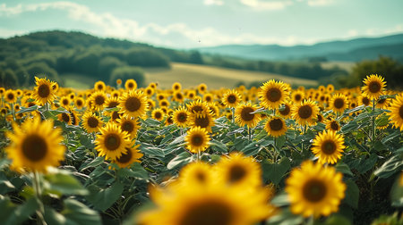 field of blooming sunflowers on a background sunsetの素材