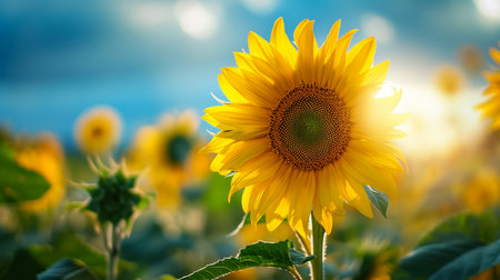 Beautiful field of blooming sunflowers against blurry sunset golden lightの素材