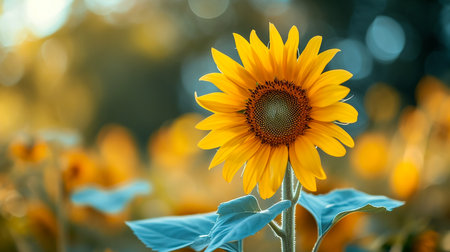 Beautiful field of blooming sunflowers against blurry sunset golden lightの素材