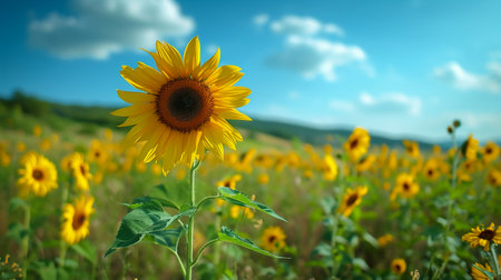 Beautiful field of blooming sunflowers against blurry sunset golden lightの素材