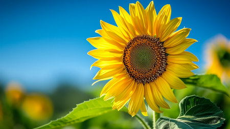 field of blooming sunflowers on a background sunsetの素材
