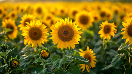 field of blooming sunflowers on a background sunsetの素材