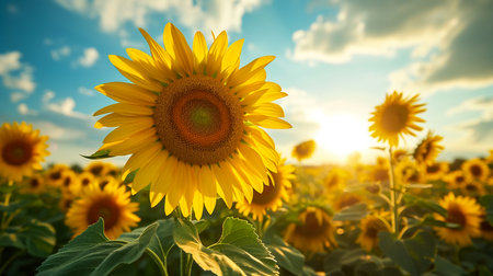 sunflower in a field of sunflowers under a blue skyの素材