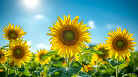 field of blooming sunflowers on a background sunsetの素材