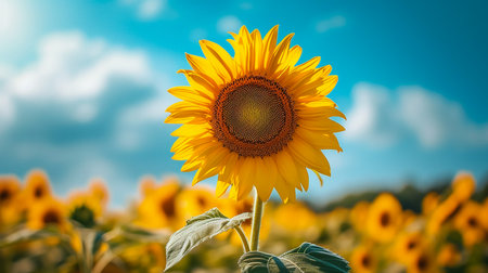 field of blooming sunflowers on a background sunsetの素材