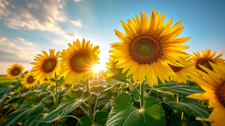 sunflower in a field of sunflowers under a blue skyの素材