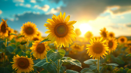 sunflower in a field of sunflowers under a blue skyの素材