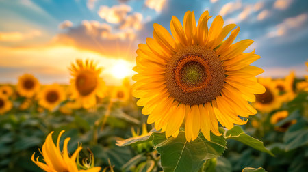 sunflower in a field of sunflowers under a blue skyの素材