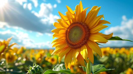 sunflower in a field of sunflowers under a blue skyの素材