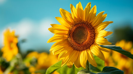 field of blooming sunflowers on a background sunsetの素材