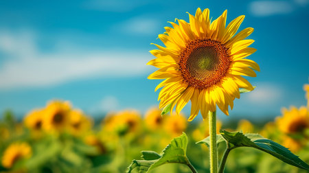 sunflower in a field of sunflowers under a blue skyの素材