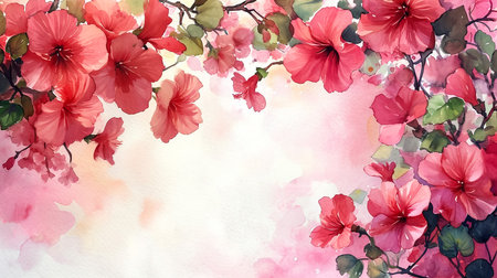 Luxurious pink wallpaper. Banner with white background blue and green watercolor stains. Golden cherry leaves wall art withの素材