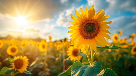 Beautiful field of blooming sunflowers against blurry sunset golden lightの素材