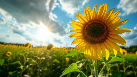 Beautiful field of blooming sunflowers against blurry sunset golden lightの素材