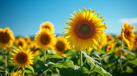 Close-up of a sunflower growing in a field of sunflowers during a nice sunny summer day with some clouds. Helianthusの素材