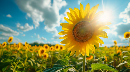 Beautiful field of blooming sunflowers against blurry sunset golden lightの素材