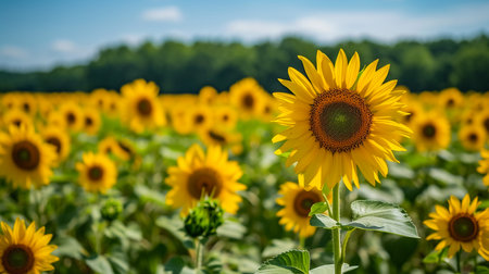 field of blooming sunflowers on a background sunsetの素材