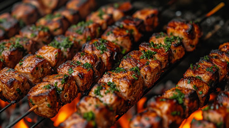 Spicy spare ribs, assorted veggies and chicken drumsticks grilling on a portable barbecue outdoors in a spring meadow with dandelions in a panorama formatの素材