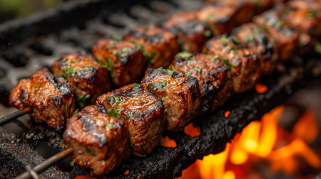 Spicy spare ribs, assorted veggies and chicken drumsticks grilling on a portable barbecue outdoors in a spring meadow with dandelions in a panorama formatの素材