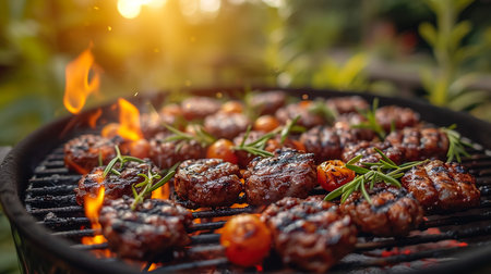 Spicy spare ribs, assorted veggies and chicken drumsticks grilling on a portable barbecue outdoors in a spring meadow with dandelions in a panorama formatの素材