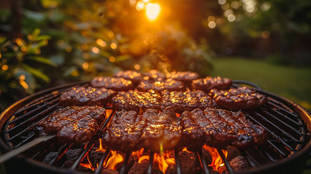 Spicy spare ribs, assorted veggies and chicken drumsticks grilling on a portable barbecue outdoors in a spring meadow with dandelions in a panorama formatの素材