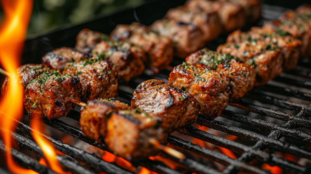 Spicy spare ribs, assorted veggies and chicken drumsticks grilling on a portable barbecue outdoors in a spring meadow with dandelions in a panorama formatの素材