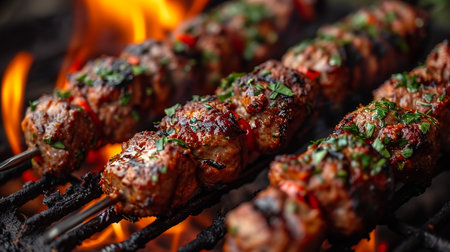 Assorted delicious grilled meat and bratwurst with vegetables over the coals on a barbecueの素材