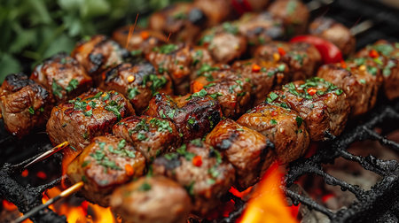 Spicy spare ribs, assorted veggies and chicken drumsticks grilling on a portable barbecue outdoors in a spring meadow with dandelions in a panorama formatの素材