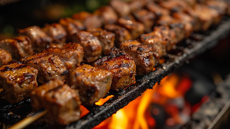 Spicy spare ribs, assorted veggies and chicken drumsticks grilling on a portable barbecue outdoors in a spring meadow with dandelions in a panorama formatの素材