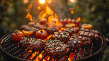 Spicy spare ribs, assorted veggies and chicken drumsticks grilling on a portable barbecue outdoors in a spring meadow with dandelions in a panorama formatの素材