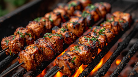 Assorted delicious grilled meat and bratwurst with vegetables over the coals on a barbecueの素材