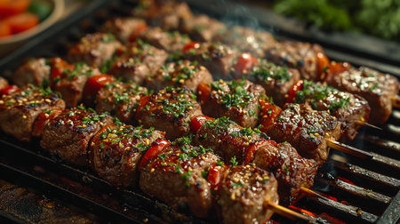 Assorted delicious grilled meat and bratwurst with vegetables over the coals on a barbecueの素材