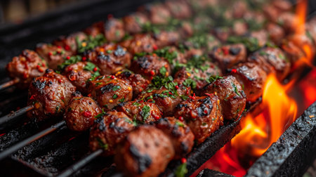 Assorted delicious grilled meat and bratwurst with vegetables over the coals on a barbecueの素材