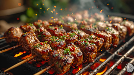 Assorted delicious grilled meat and bratwurst with vegetables over the coals on a barbecueの素材